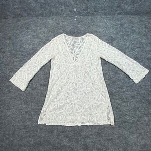 J Valdi White Floral Lace V-Neck Tunic Beach Cover-Up 3/4 Sleeve‎ Side Slits